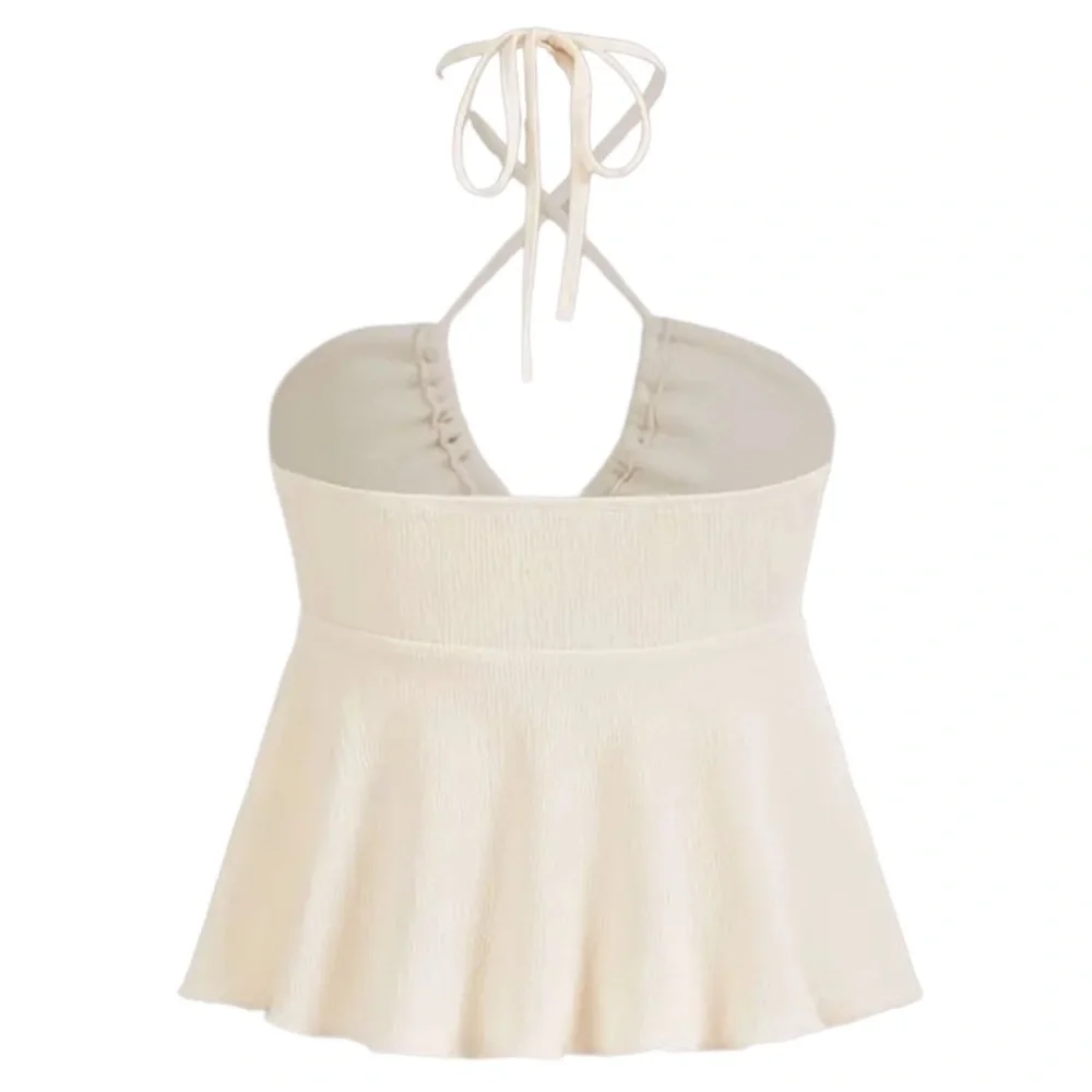 NEW Textured Beige Halter Crop Top Versatile Keyhole Tube Ties A-Line Swing XS - Picture 2 of 10